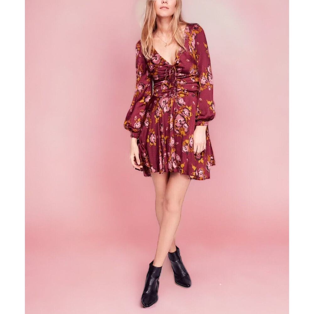 Free People Morning Light Floral Mini Dress Wine Purple Long Sleeve Womens M 6 - Picture 8 of 13